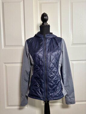Athleta navy quilted hooded zip jacket with gray sleeves size S